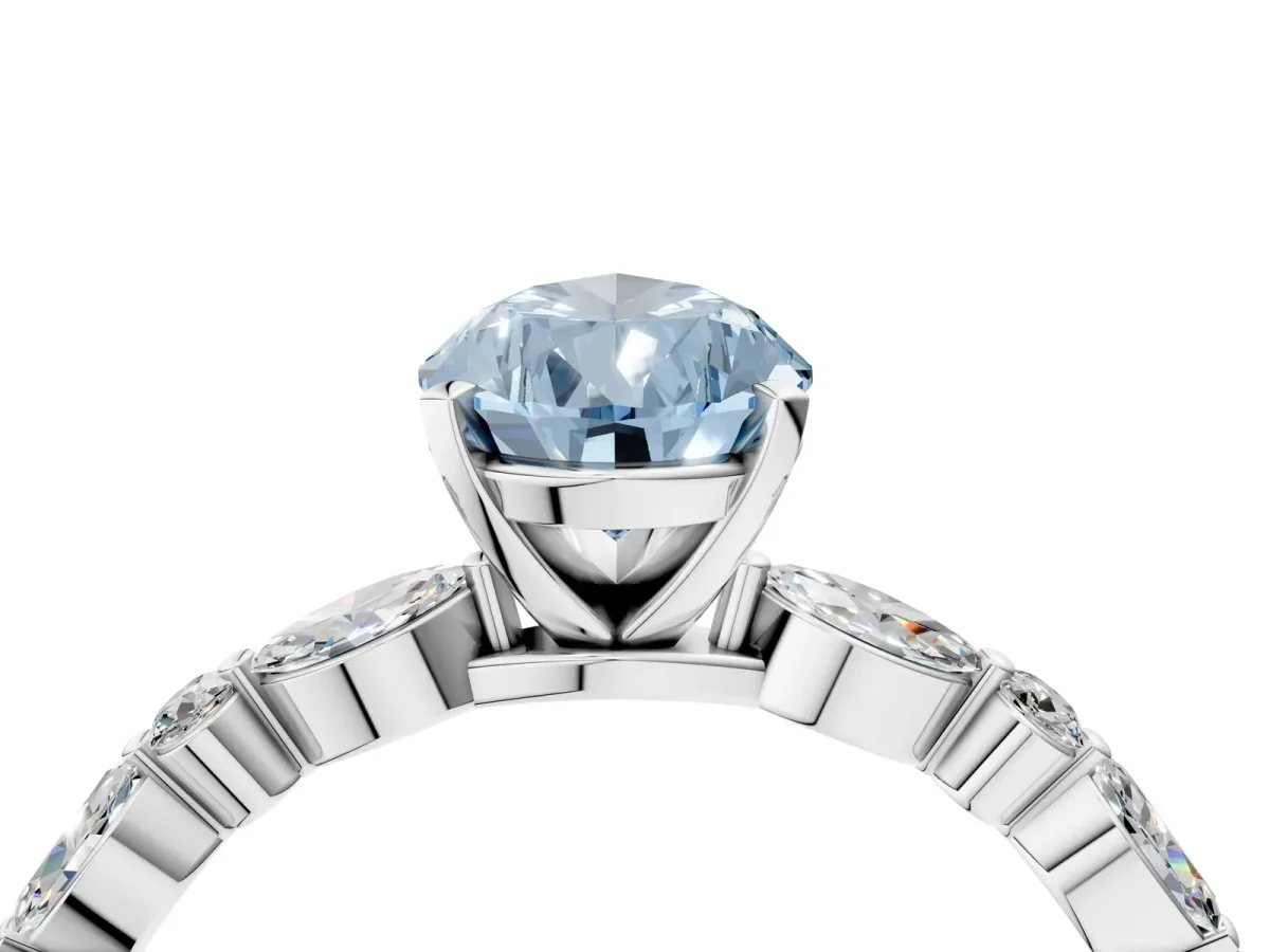 Fancy Blue Pear Cut Diamond Ring with Marquise and Round Side Stones and Four-Prong Setting Platinum