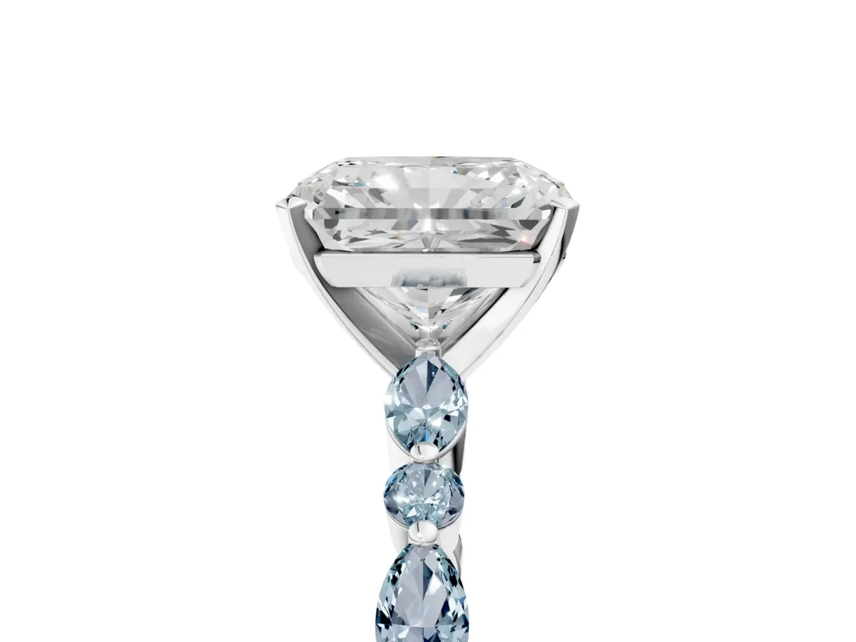 Radiant Cut Diamond Ring with Marquise and Round Aquamarine Side Stones and Four-Prong Setting Silver