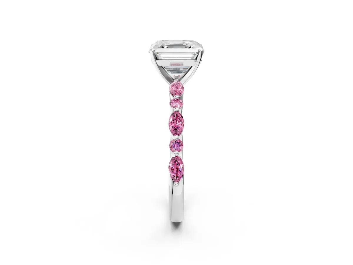 Asscher Cut Diamond Ring with Marquise and Round Pink Sapphire Side Stones and Four-Prong Setting Silver