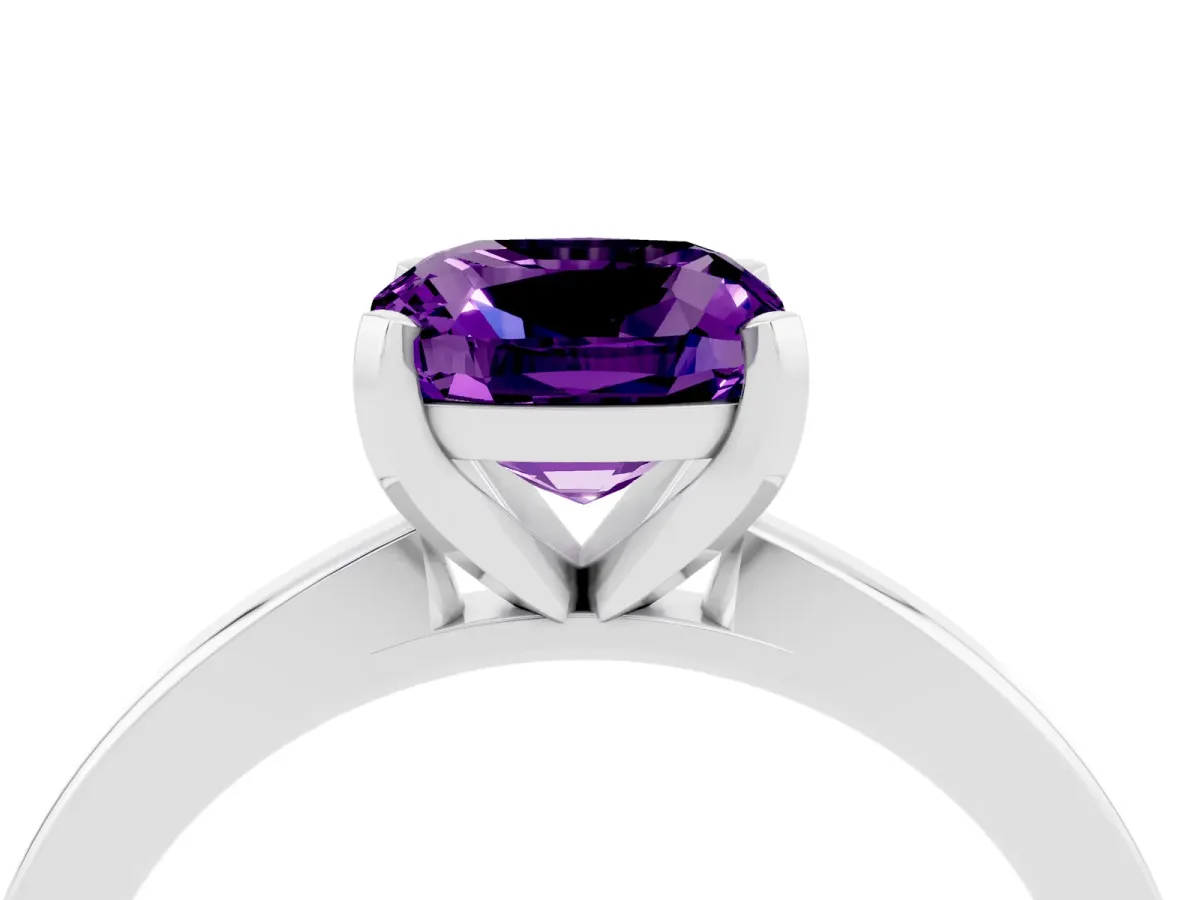 Cushion Cut Amethyst Solitaire Engagement Ring with Classic Band and Four-Prong Setting White gold
