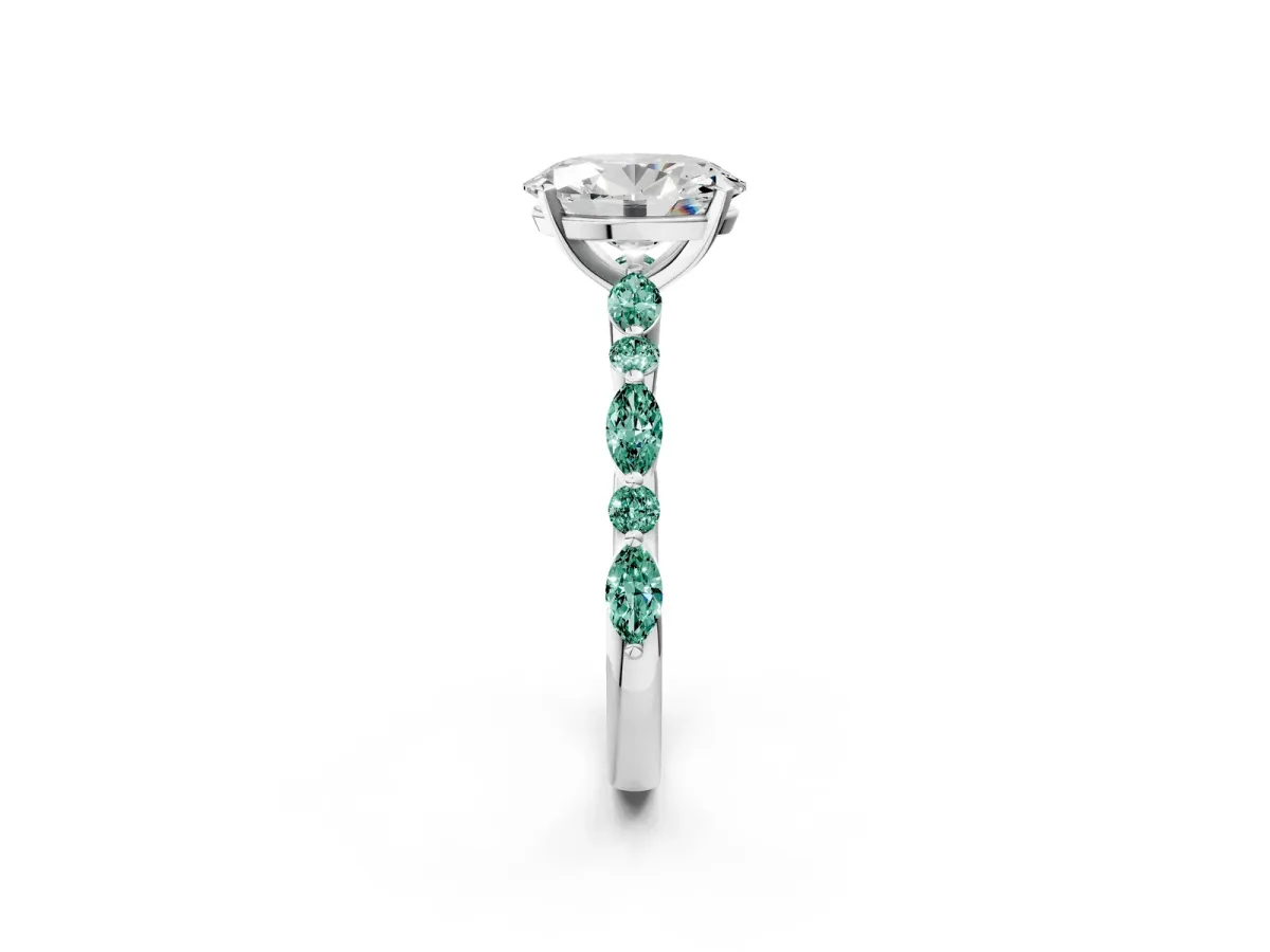 Oval Cut Diamond Ring with Marquise and Round Green Sapphire Side Stones and Four-Prong Setting Silver