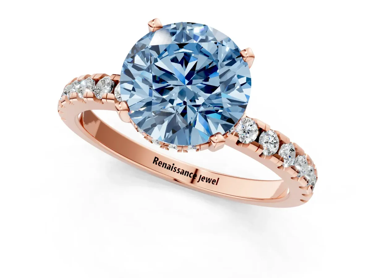 Fancy Blue Round Cut Diamond Solitaire Ring with Round Pavé Band and Four-Prong Setting Rose gold