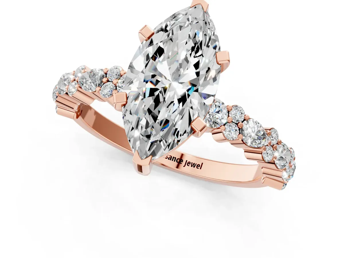 Marquise Cut Diamond Side Stone Solitaire Ring with Round Moissanite and Four-Prong Setting Rose gold
