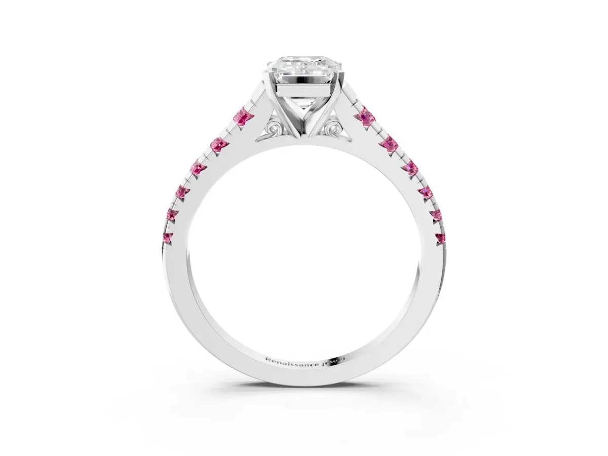 Emerald Cut Diamond Cathedral Solitaire Ring with Round Pink Sapphire Pavé Band Platinum