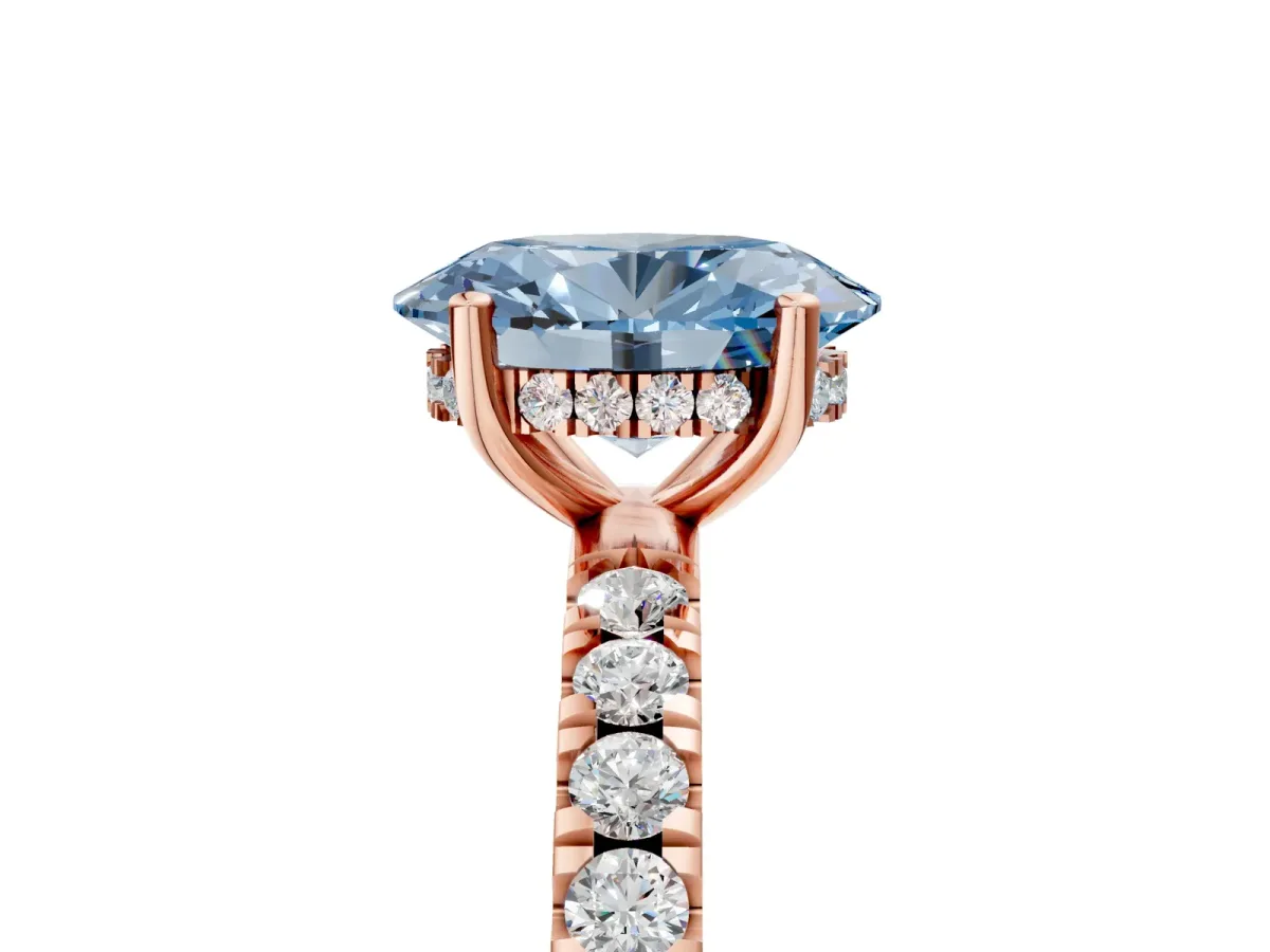 Fancy Blue Oval Cut Diamond Pave Band Solitaire Ring with Round and Prong Setting Rose gold