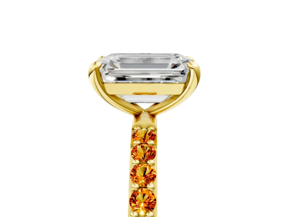 Emerald Cut Diamond Solitaire Ring with Round Citrine Pavé Band and Prong Setting Yellow gold