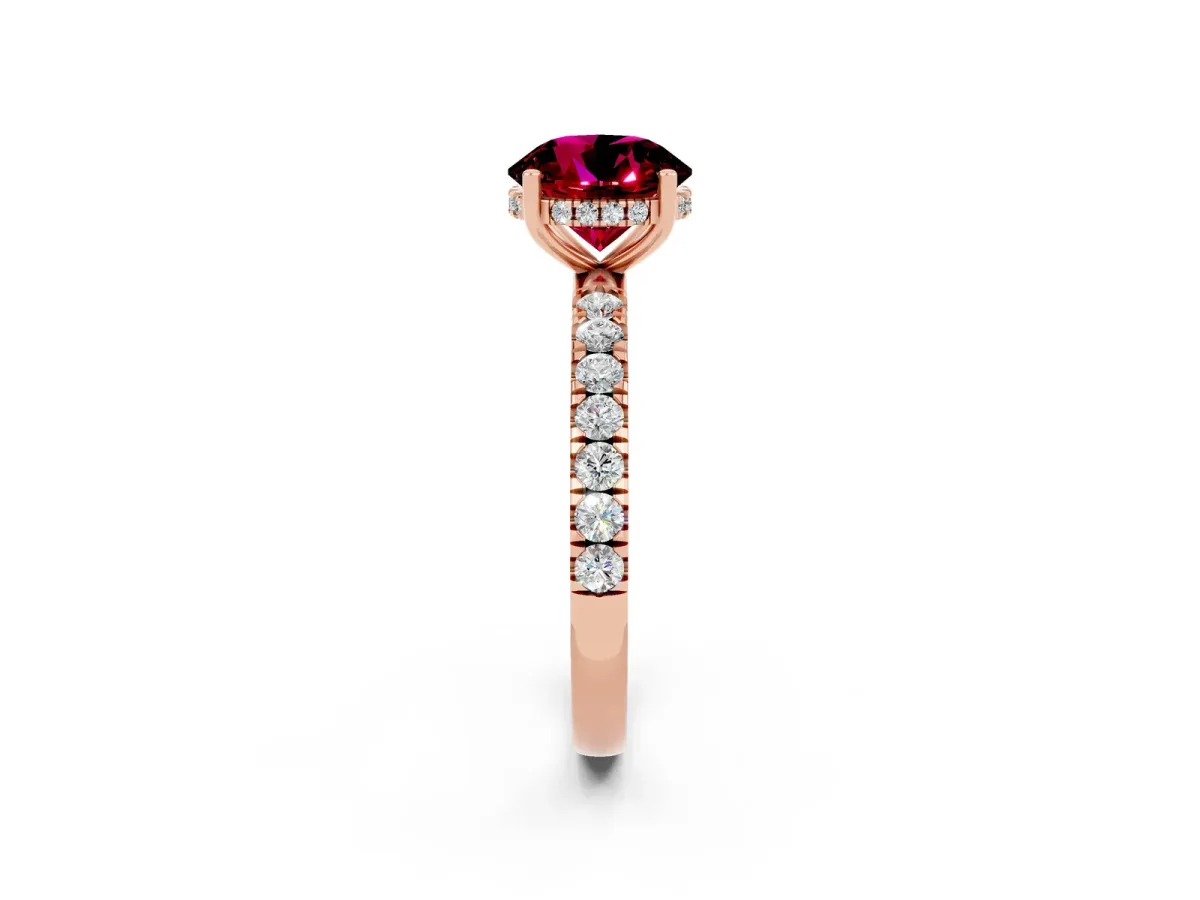 Round Cut Garnet Pave Band Solitaire Ring with Round and Prong Setting Rose gold