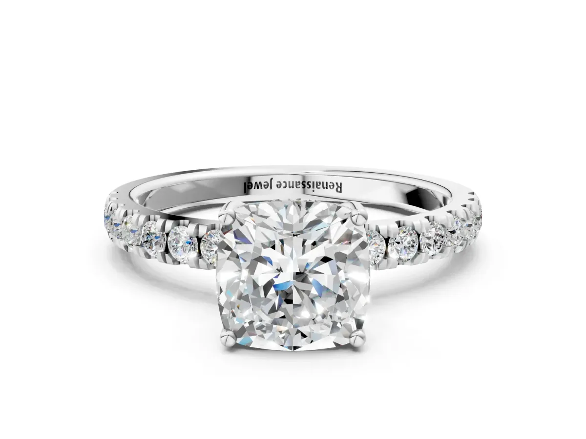 Cushion Cut Diamond Pave Band Solitaire Ring with Round Moissanite and Prong Setting Platinum