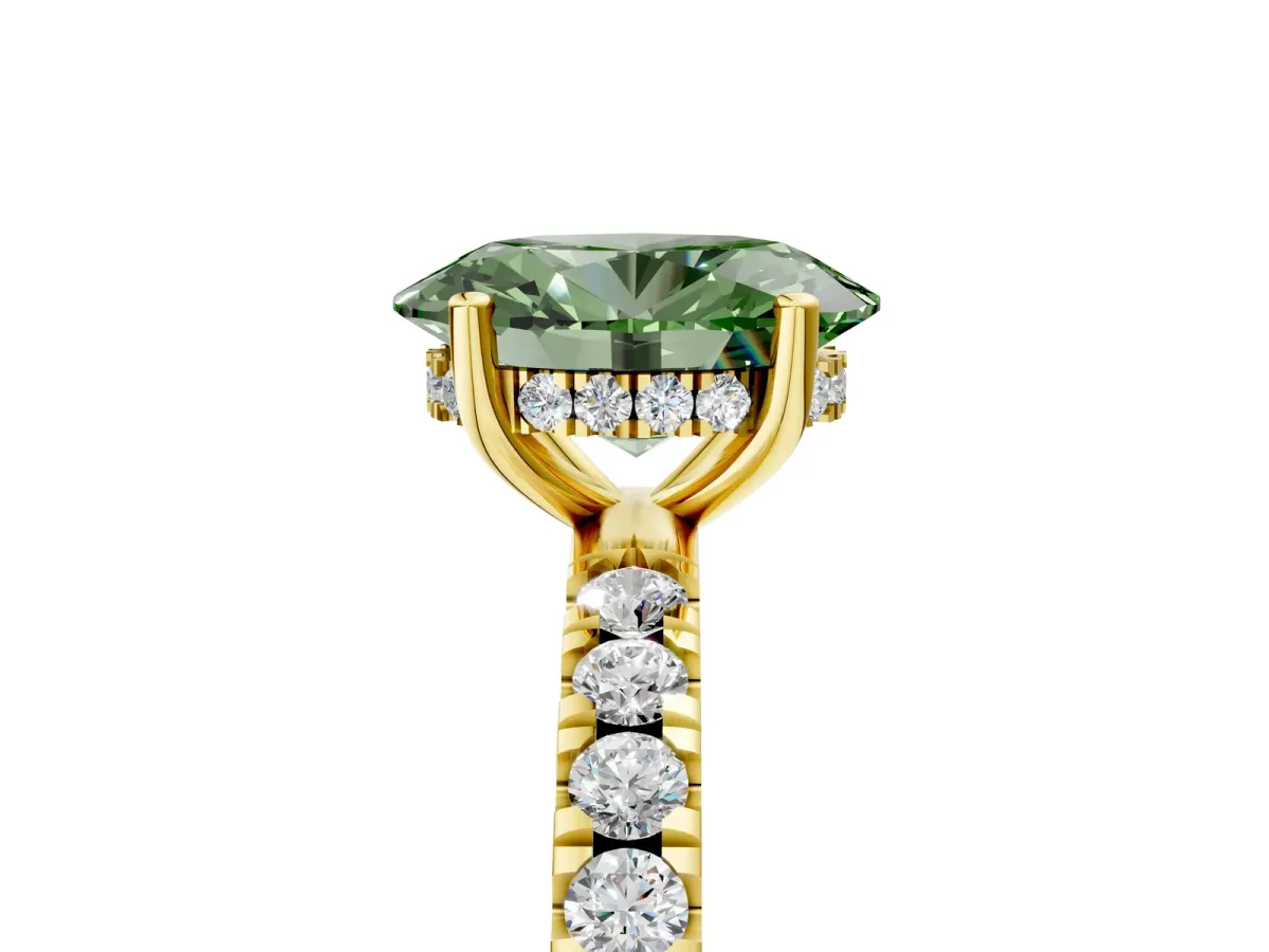 Fancy Green Oval Cut Diamond Pave Band Solitaire Ring with Round and Prong Setting Yellow gold