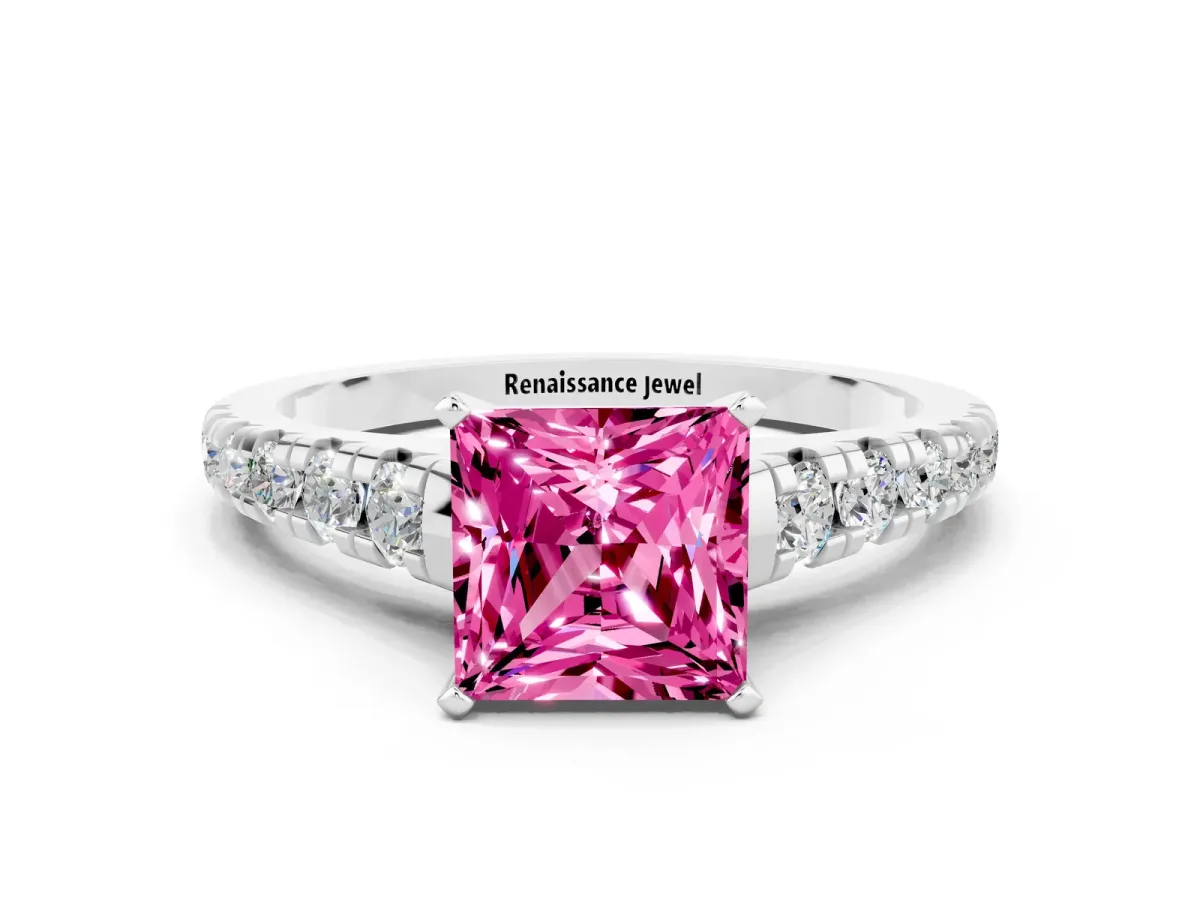 Princess Cut Pink Sapphire Cathedral Solitaire Ring with Round Pavé Band Platinum