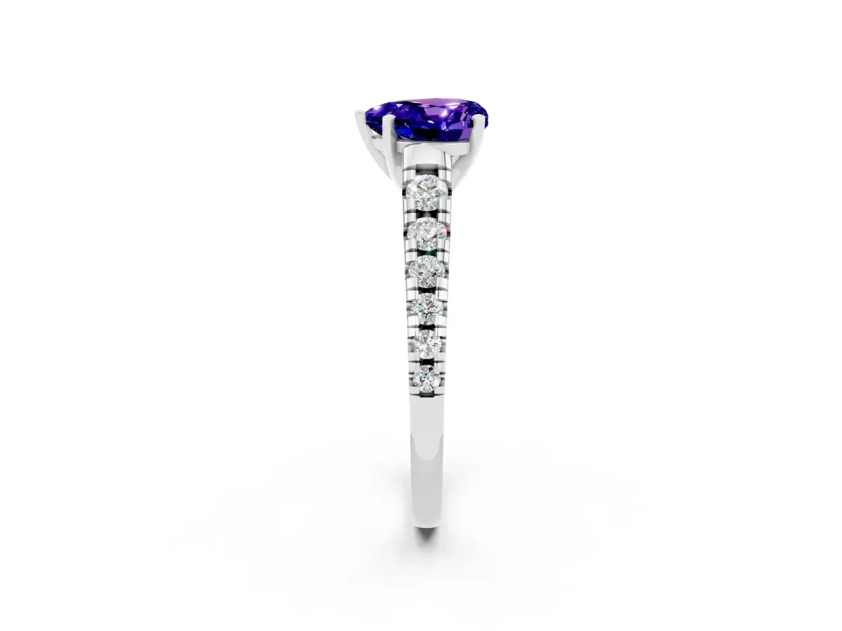 Heart Cut Tanzanite Cathedral Solitaire Ring with Round Pavé Band Silver