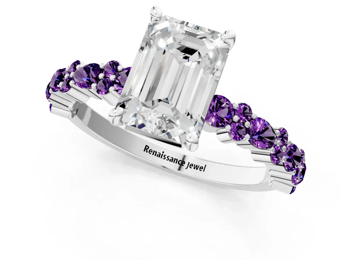 Emerald Cut Diamond Side Stone Solitaire Ring with Round Amethyst and Four-Prong Setting Platinum