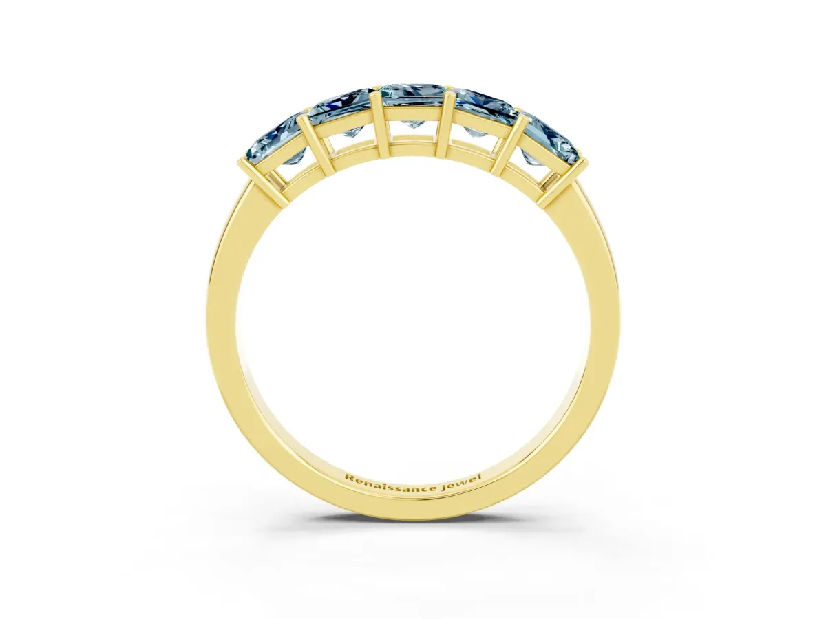 Princess Cut Five-Stone Aquamarine Band with Prong Setting Yellow gold