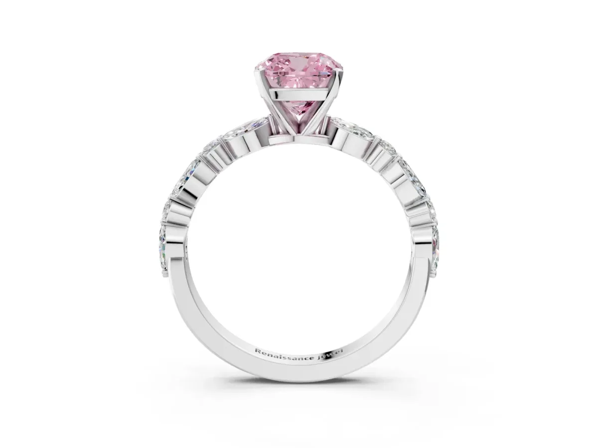 Fancy Pink Cushion Cut Diamond Ring with Marquise and Round Side Stones and Four-Prong Setting Silver