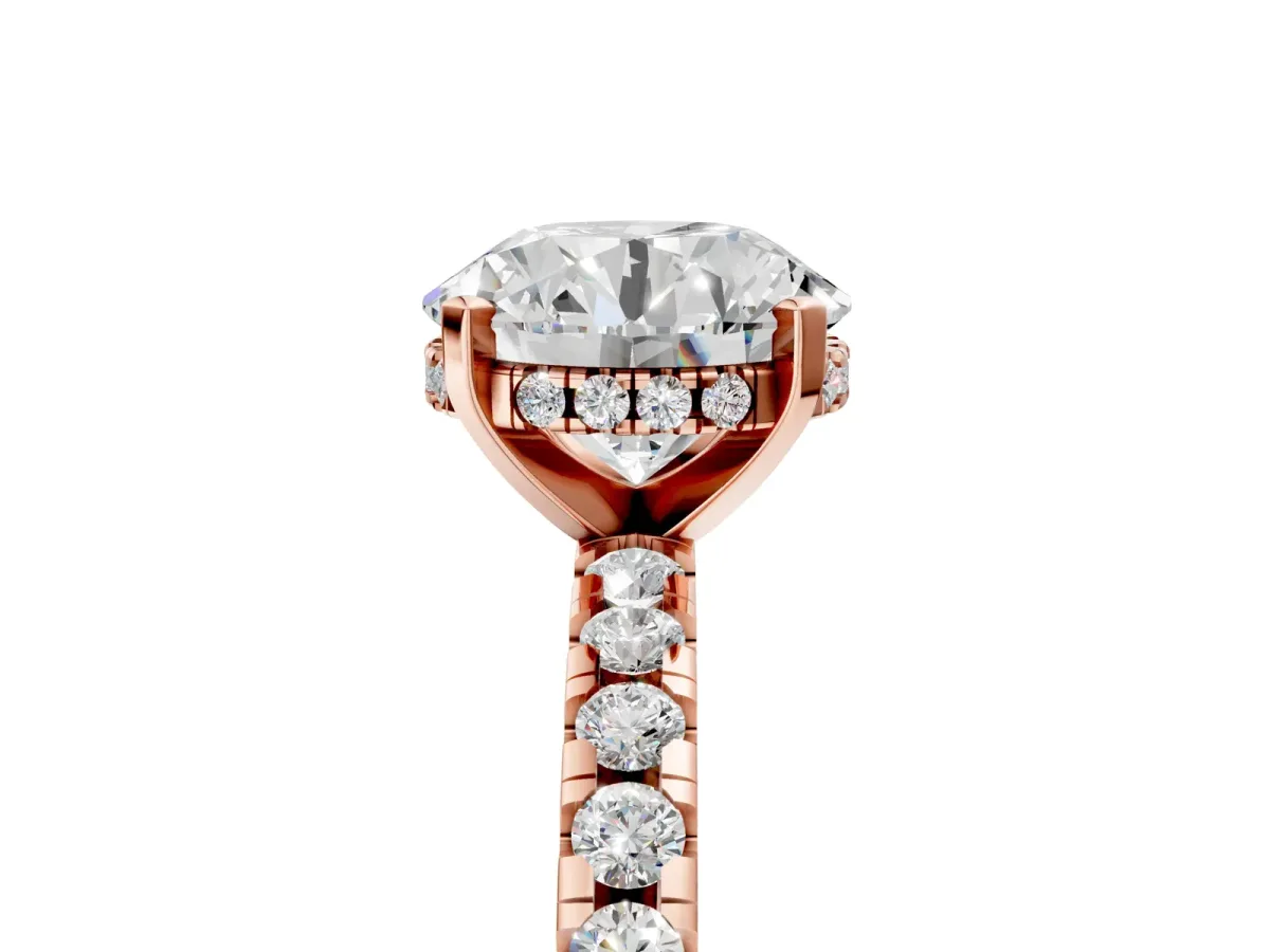 Round Cut Diamond Solitaire Ring with Round Pavé Band and Four-Prong Setting Rose gold