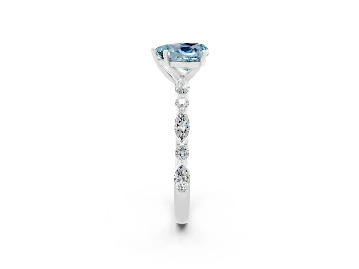 Heart Cut Aquamarine Ring with Marquise and Round Side Stones and Four-Prong Setting Platinum