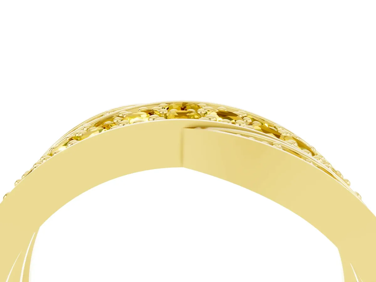 Pavé Round Yellow Sapphire Crossover Band with Bead Prong Setting Yellow gold