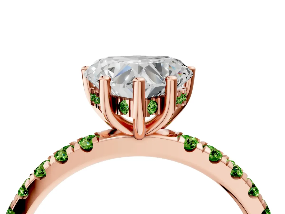 Heart Cut Diamond Pave Band Solitaire Ring with Round Peridot and Prong Setting Rose gold