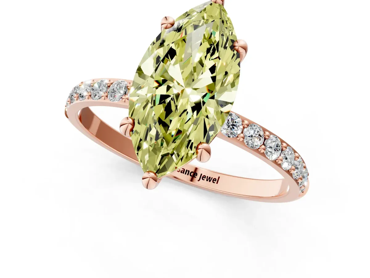 Fancy Yellow Marquise Cut Diamond Solitaire Ring with Round Pavé Band and Prong Setting Rose gold