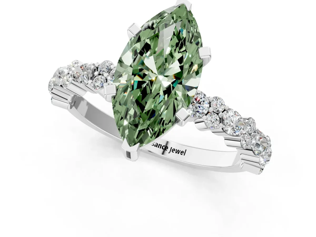 Fancy Green Marquise Cut Diamond Side Stone Solitaire Ring with Round and Four-Prong Setting White gold