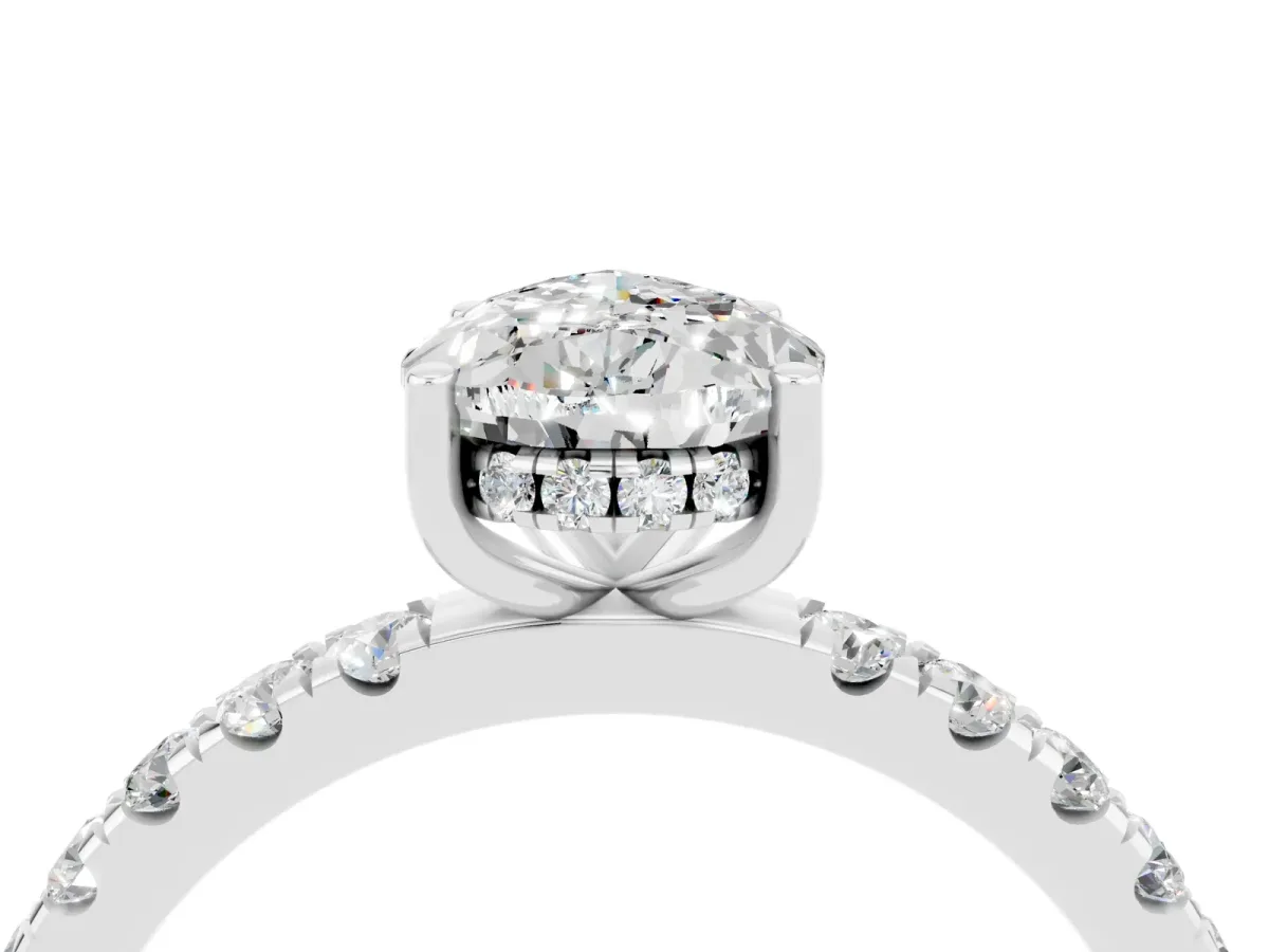 Pear Cut Moissanite Pave Band Solitaire Ring with Round and Prong Setting White gold