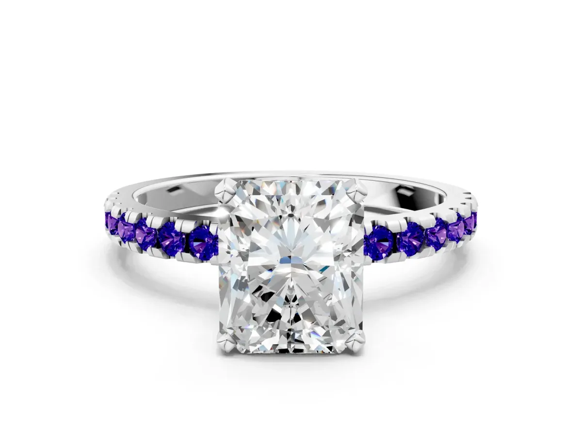 Radiant Cut Diamond Solitaire Ring with Round Tanzanite Pavé Band and Four-Prong Setting Silver