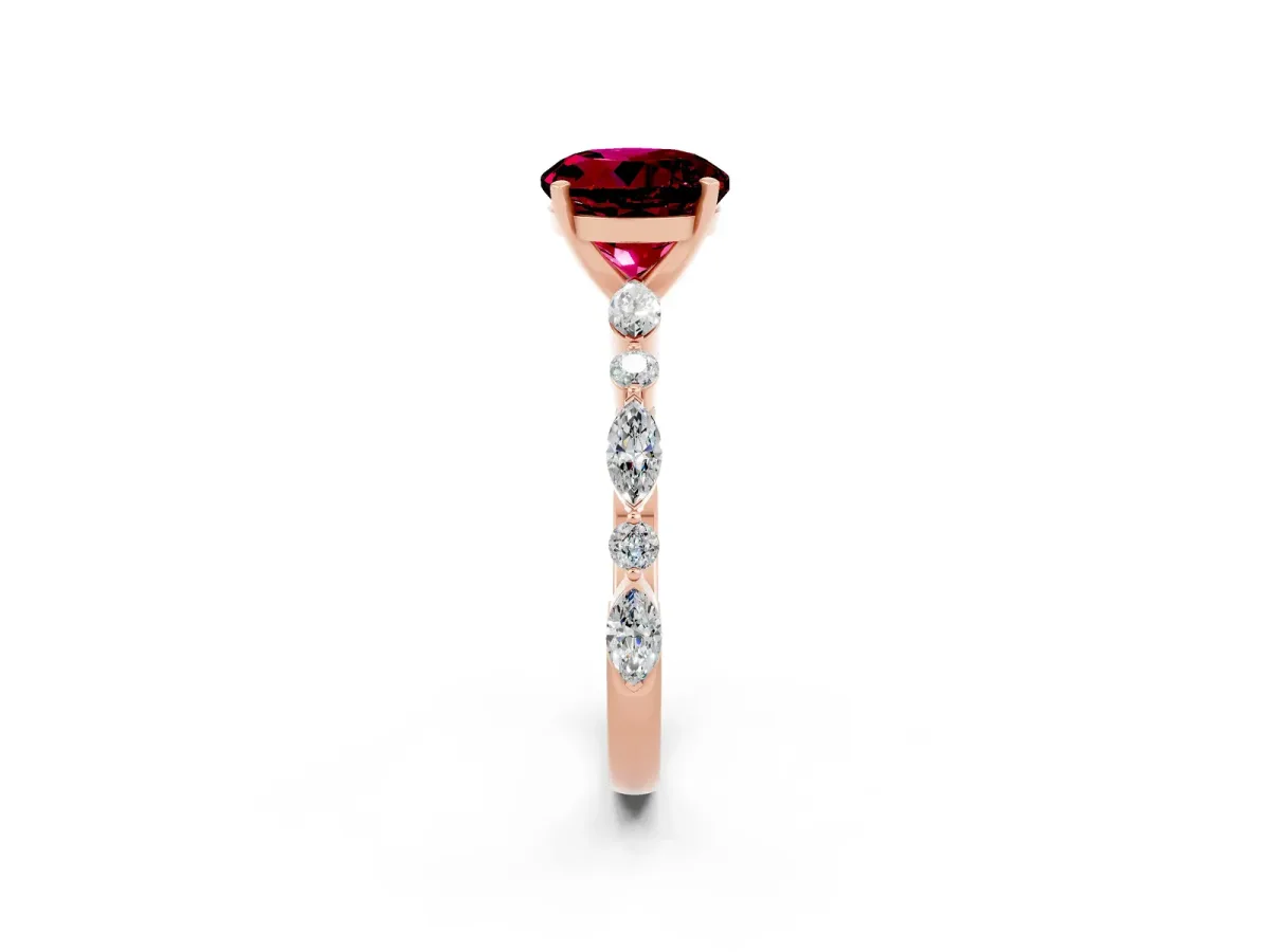 Round Cut Garnet Ring with Marquise and Round Side Stones and Four-Prong Setting Rose gold