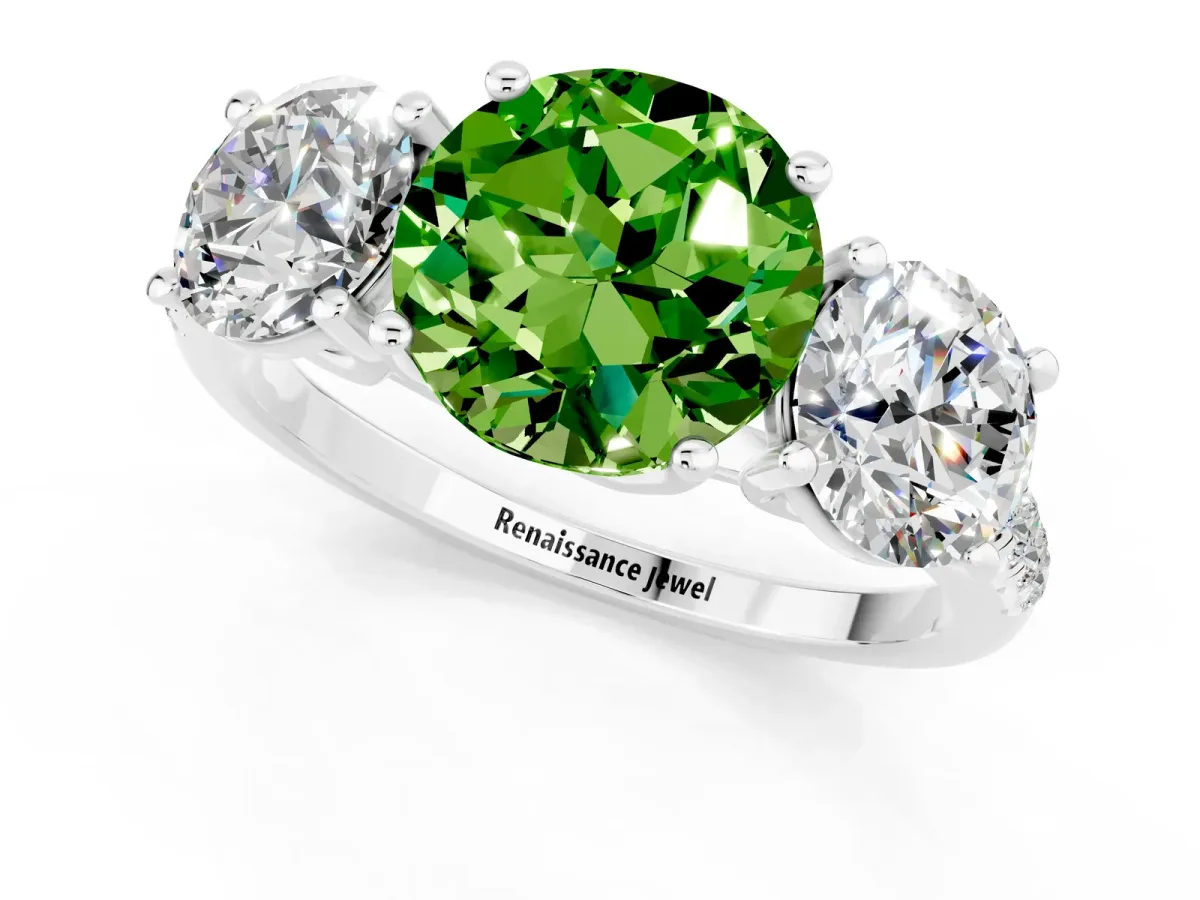 Three-Stone Round Cut Peridot Ring with Round Pavé Band and Prong Setting White gold