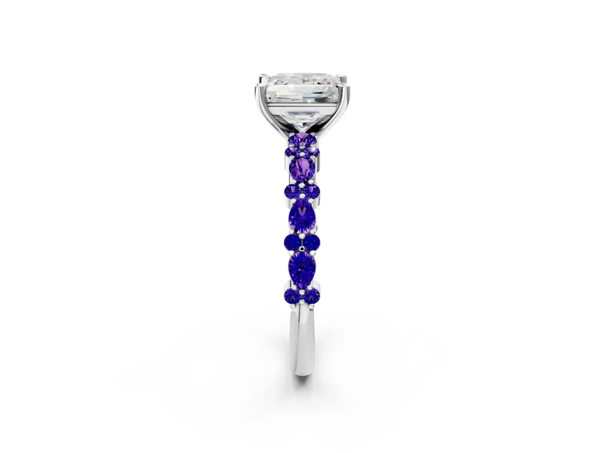 Princess Cut Diamond Side Stone Solitaire Ring with Round Tanzanite and Four-Prong Setting Silver