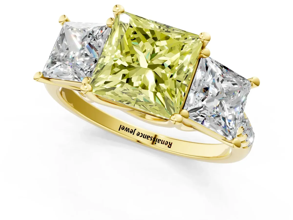 Fancy Yellow Three-Stone Princess Cut Diamond Ring with Round Pavé Band and Prong Setting Yellow gold