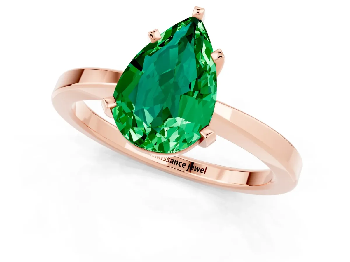Pear Cut Emerald Solitaire Engagement Ring with Classic Band and Four-Prong Setting Rose gold