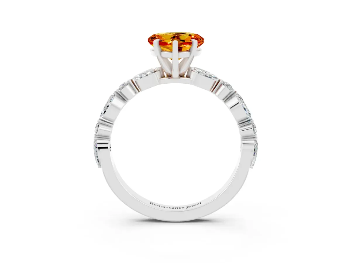 Heart Cut Citrine Ring with Marquise and Round Side Stones and Four-Prong Setting Platinum