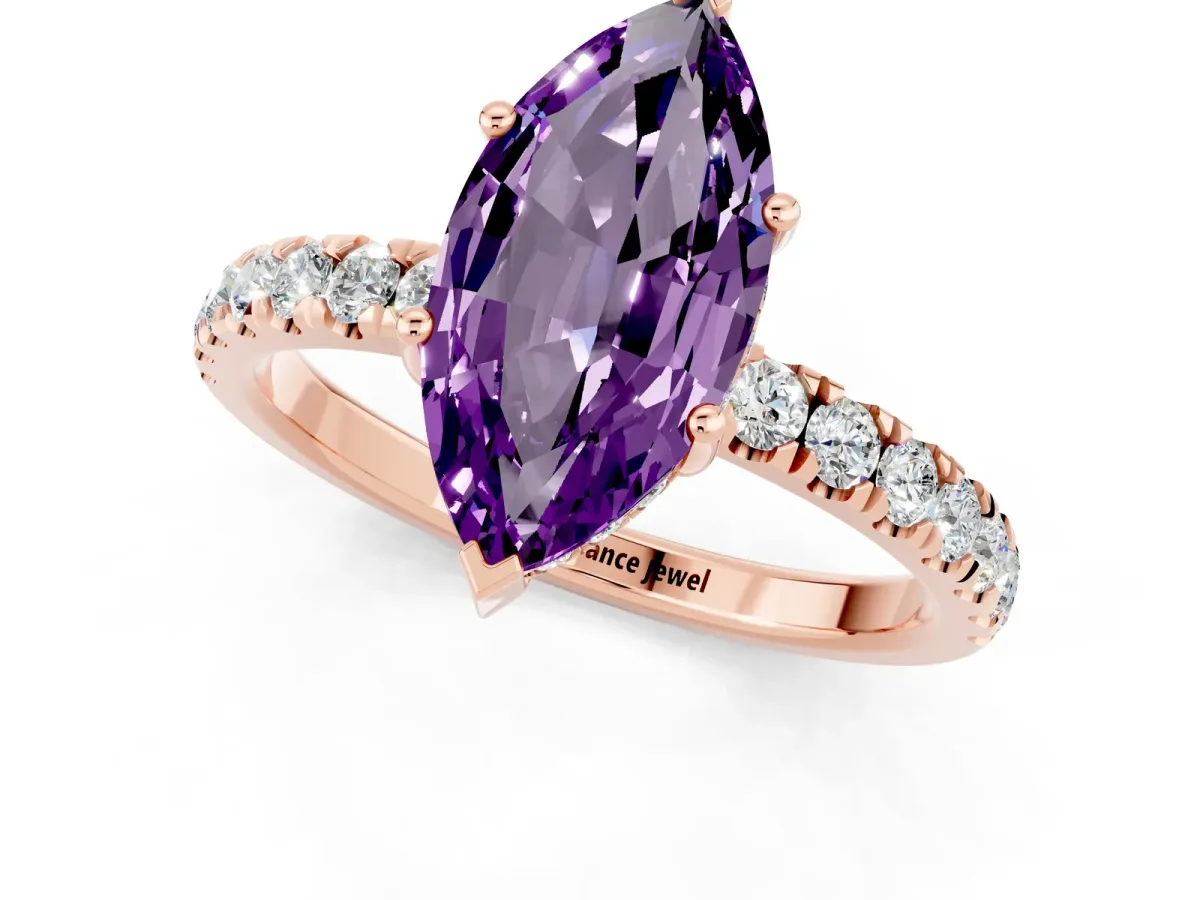 Marquise Cut Amethyst Pave Band Solitaire Ring with Round and Prong Setting Rose gold