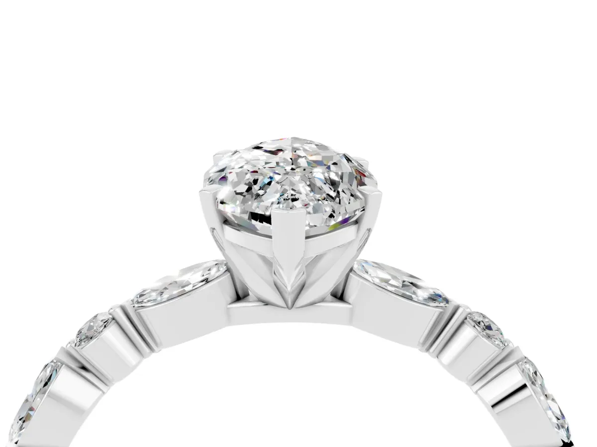 Marquise Cut Moissanite Ring with Marquise and Round Side Stones and Four-Prong Setting Silver
