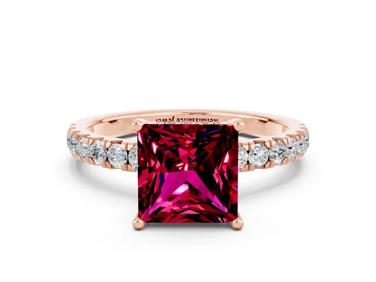 Princess Cut Garnet Pave Band Solitaire Ring with Round and Prong Setting Rose gold