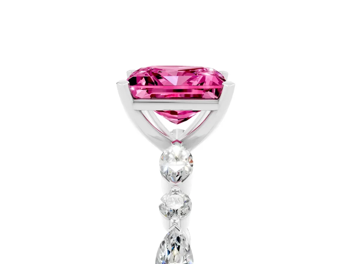 Princess Cut Pink Sapphire Ring with Marquise and Round Side Stones and Four-Prong Setting Platinum