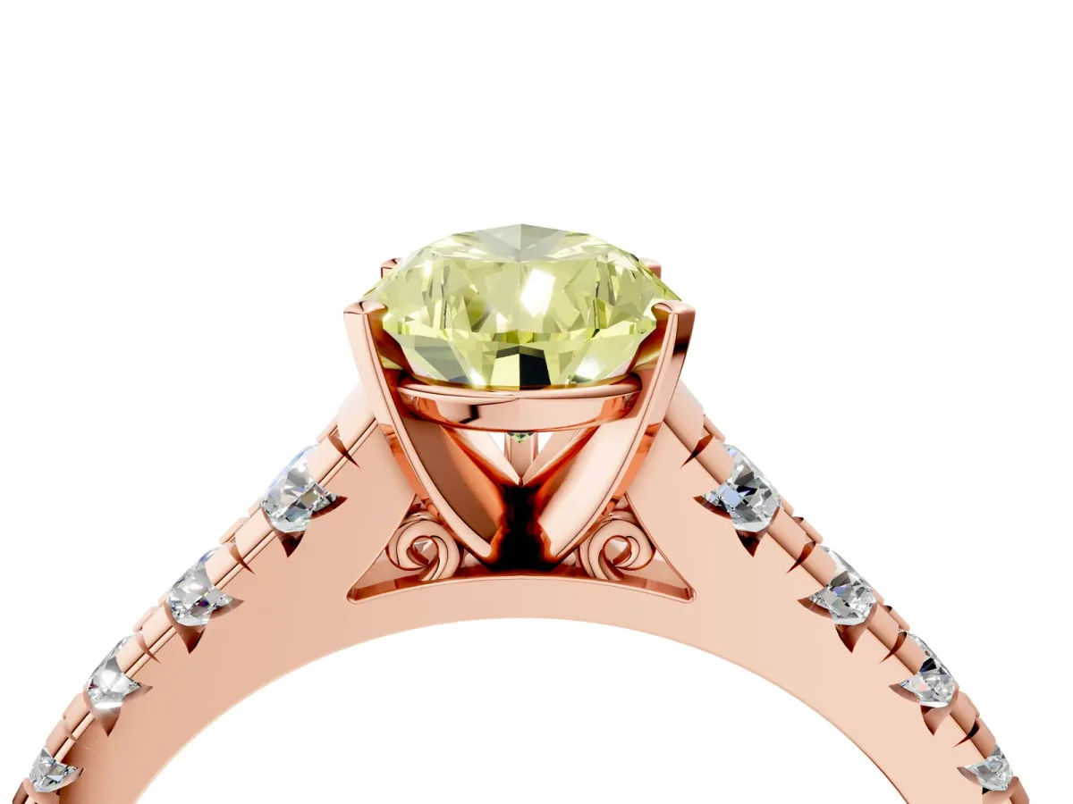 Fancy Yellow Pear Cut Diamond Cathedral Solitaire Ring with Round Pavé Band Rose gold