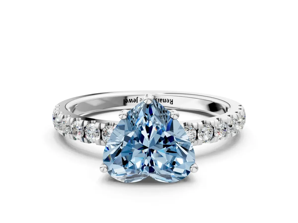 Fancy Blue Heart Cut Diamond Pave Band Solitaire Ring with Round and Prong Setting White gold