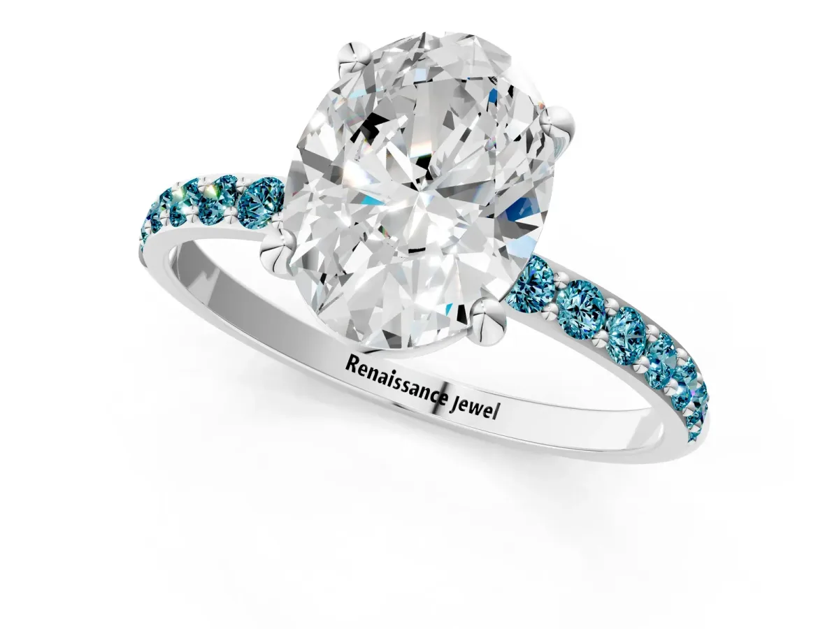 Oval Cut Diamond Solitaire Ring with Round Blue Topaz Pavé Band and Prong Setting Platinum