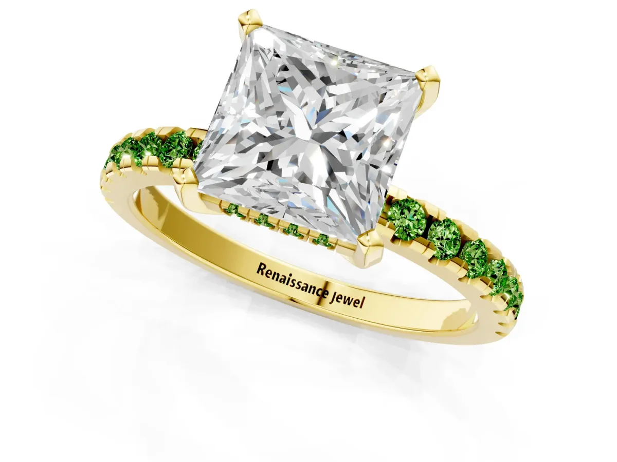 Princess Cut Diamond Solitaire Ring with Round Peridot Pavé Band and Four-Prong Setting Yellow gold