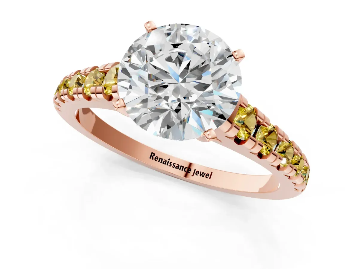 Round Cut Diamond Cathedral Solitaire Ring with Round Yellow Sapphire Pavé Band Rose gold
