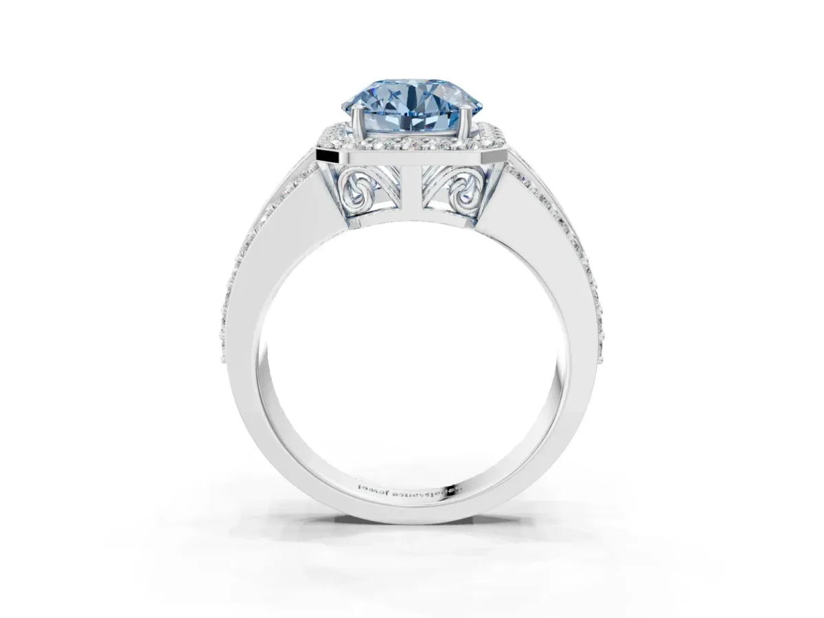 Fancy Blue Round Cut Halo Diamond Ring with Round Split Shank and Prong Setting White gold