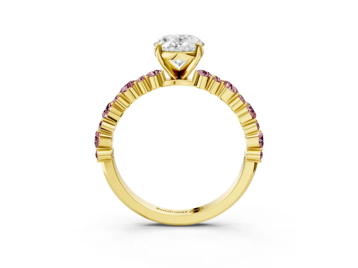 Oval Cut Diamond Side Stone Solitaire Ring with Round Morganite and Four-Prong Setting Yellow gold