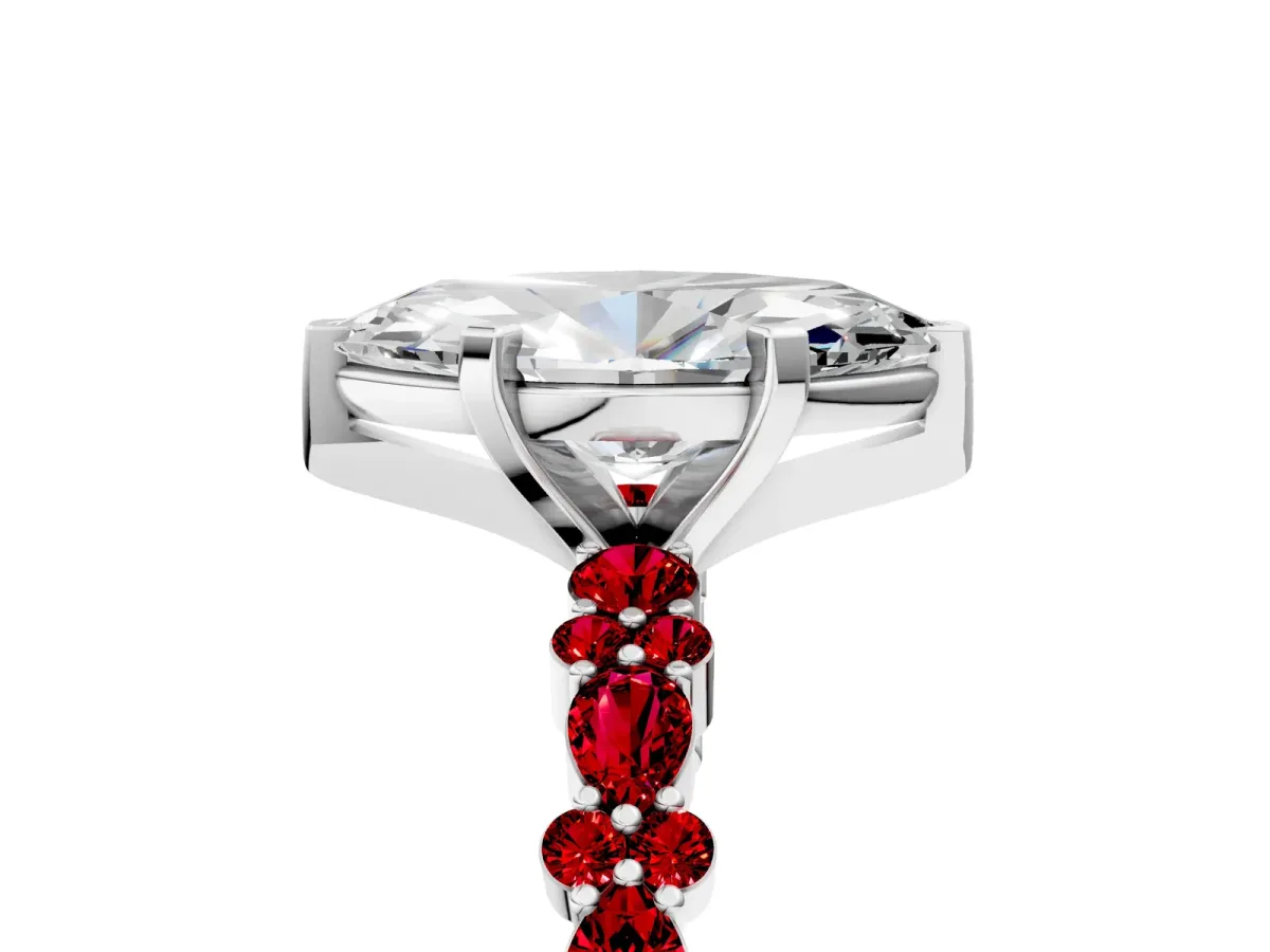 Marquise Cut Diamond Side Stone Solitaire Ring with Round Ruby and Four-Prong Setting Platinum