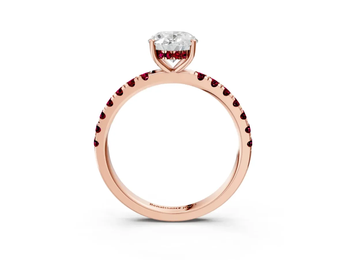 Oval Cut Diamond Pave Band Solitaire Ring with Round Garnet and Prong Setting Rose gold