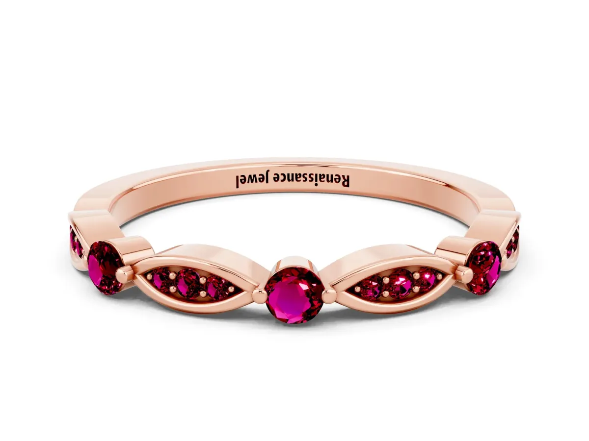 Marquise and Round Garnet Milgrain Band with Bezel Setting Rose gold