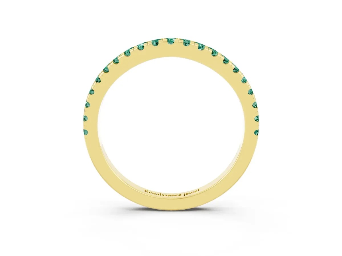 Round Green Sapphire Pavé Half Eternity Band with Shared Prong Setting Yellow gold