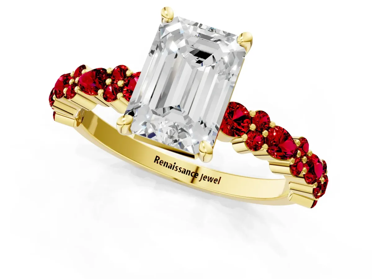 Emerald Cut Diamond Side Stone Solitaire Ring with Round Ruby and Four-Prong Setting Yellow gold