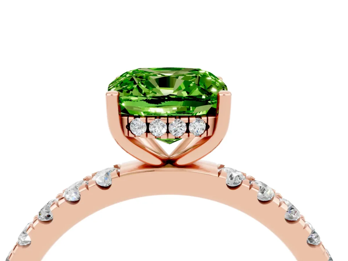 Cushion Cut Peridot Pave Band Solitaire Ring with Round and Prong Setting Rose gold