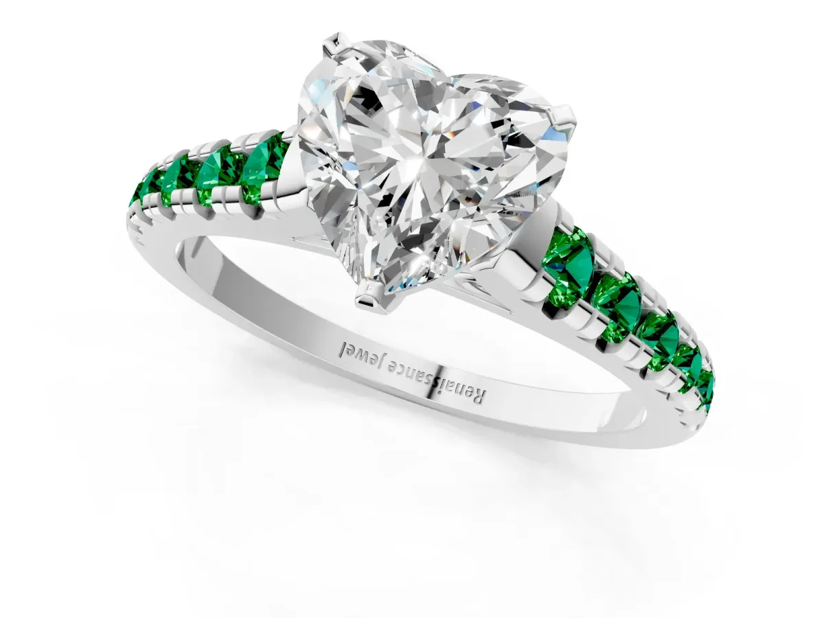 Heart Cut Diamond Cathedral Solitaire Ring with Round Emerald Pavé Band Platinum